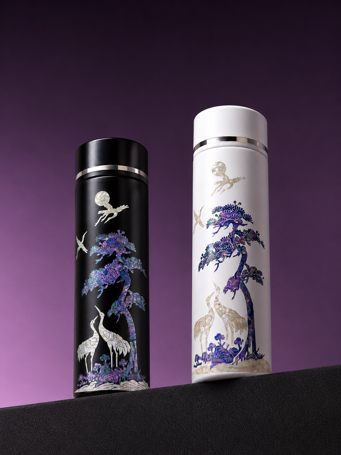 Mother-of-pearl) pine and crane tumbler